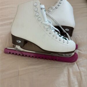 White Women's Ice Skates with Pink Blade Guards - Size 10